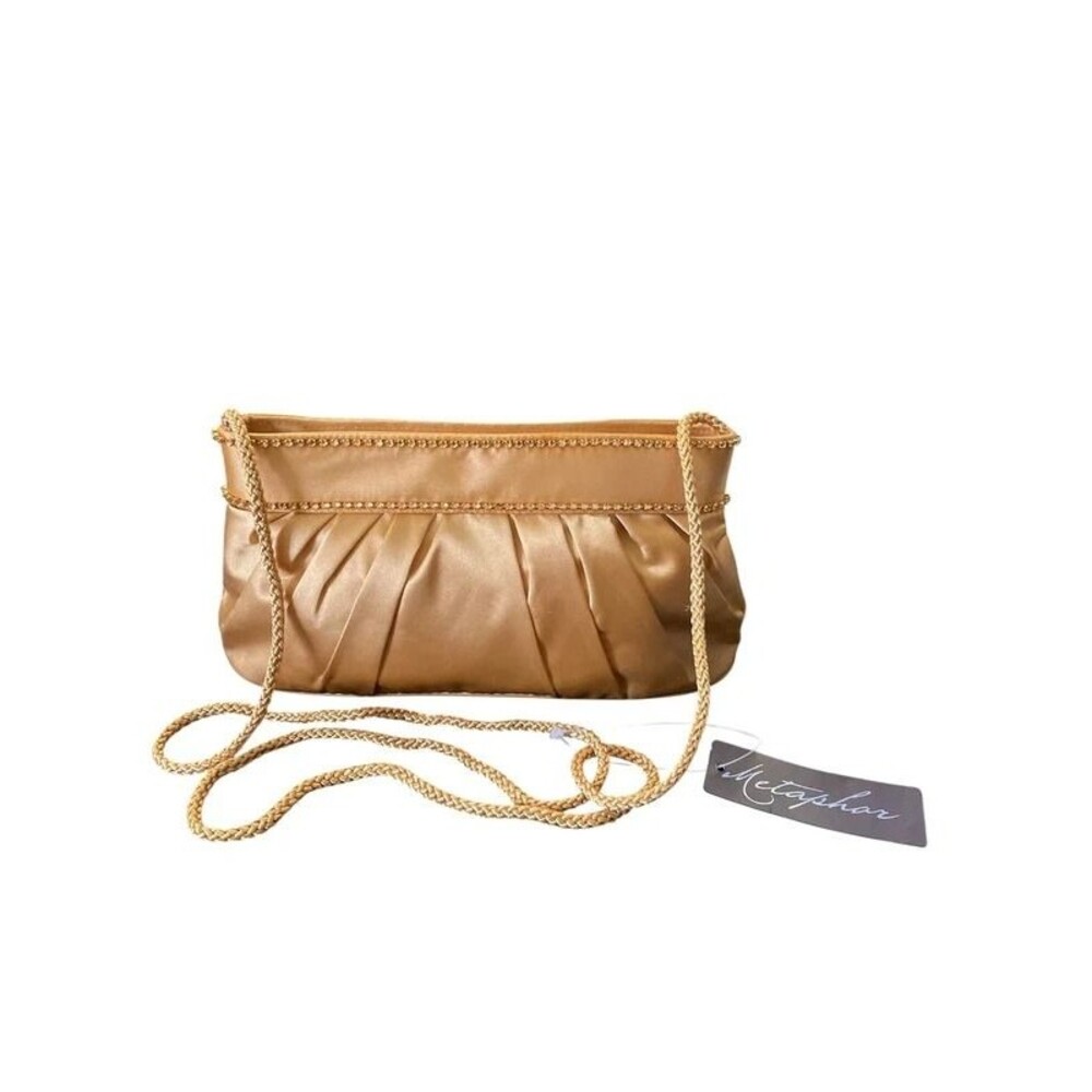 Metaphor NWT vintage gold satin Crossbody bag pleated, rhinestones, design with